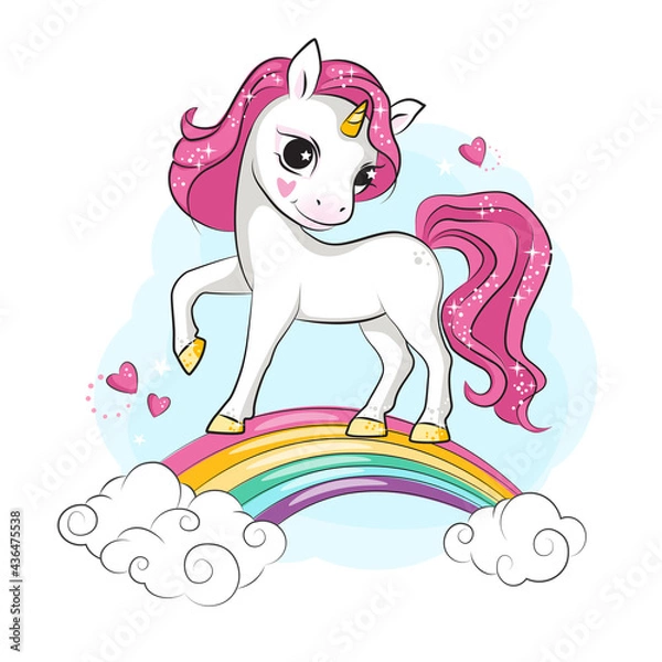 Fototapeta Little smiling unicorn greeting your. Rainbow and clouds.. Beautiful picture for your design.