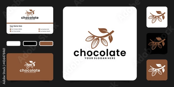 Fototapeta Chocolate, cocoa pods hanging on branches, logo template. Cocoa beans, cocoa beans and cocoa plants and business card inspiration