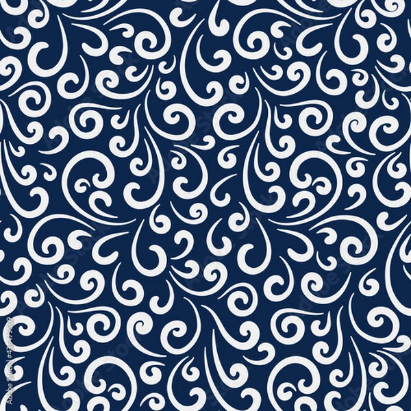 Obraz Abstract floral seamless pattern with white swirls, curly scrolls ornament on dark blue background 