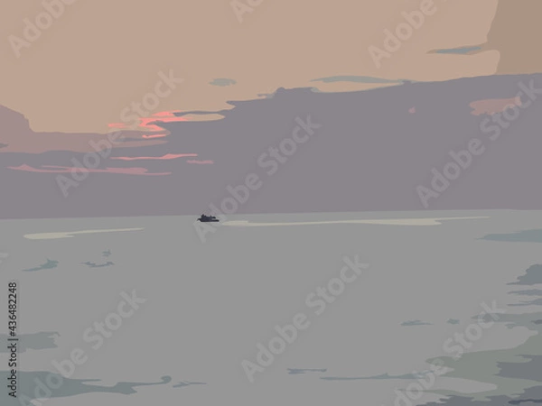 Fototapeta Abstract landscape with the lake, sky and small boat. Contemporary art in pastel colors