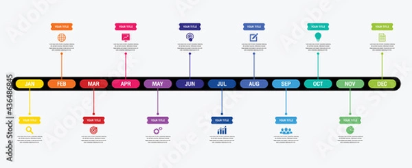 Fototapeta 12 months or 1 year timeline infographic, timeline infographics for annual report and presentation,Timeline infographics design vector and Presentation business.