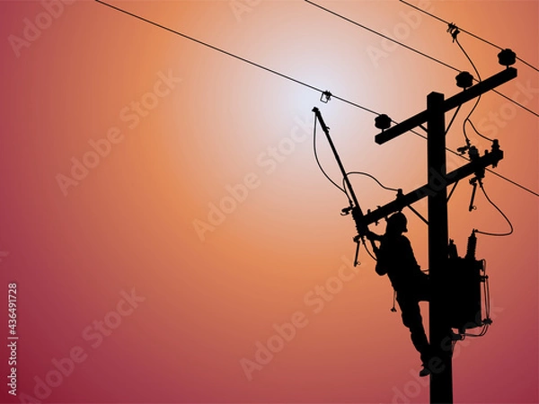 Fototapeta The power lineman use clamp stick (insulated tool) to closing a transformer on energized high-voltage electric power lines. The power lineman must be trained because it is a risky job