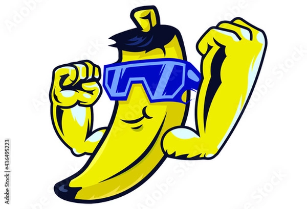 Fototapeta Cool muscular banana character in sunglasses. Happy banana fruit isolated on white background. Cartoon vector mascot