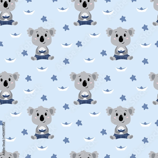Fototapeta Childish seamless pattern with hand drawn koala baby boy. In blue colors. Perfect for kids apparel,fabric, textile, nursery decoration,wrapping paper. Vector