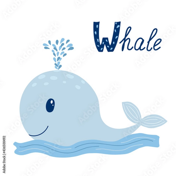 Fototapeta Cute whale with sign Whale. Letter W learning. Animal alphabet. isolated on white background. vector illustration.