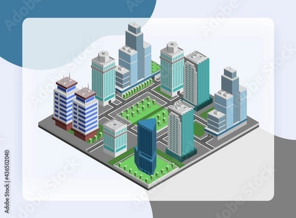 Fototapeta Modern city concept with isometric skyscraper offices 3d buildings decorative icons set vector illustration