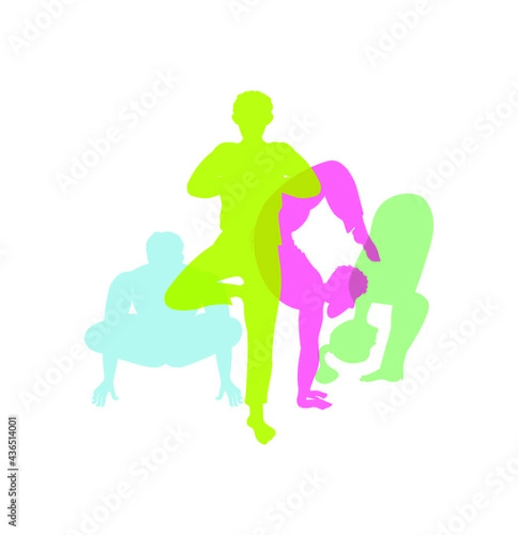 Fototapeta People in a yoga pose, performing various exercises, asanas. Colored silhouettes of men and women, fixed in a specific sports pose. Vector illustration, flat minimal design, isolated.