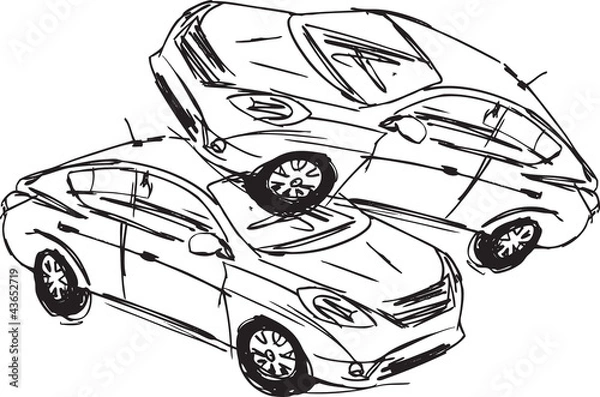 Fototapeta Sketch of Two cars in an accident isolated on a white background