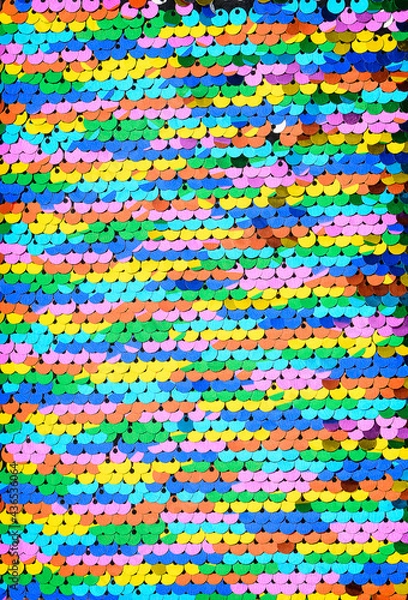 Obraz Sequins macro background.Multicolored sequins.Rainbow. Scales background. Paillette fabric background.sparkling sequined textile