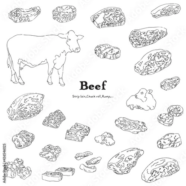 Fototapeta 牛肉のイラストセット-手描きの線画