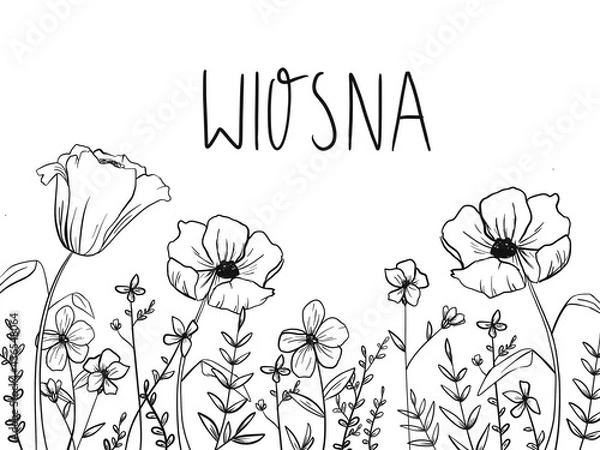 Obraz Kolorowanka z napisem wiosna, kwiaty maki do kolorowania dla dzieci