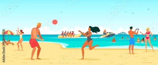 Obraz Hotel tourism, beach and people having fun. Tourists having a good time at the sea and on the beach.