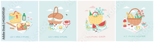 Obraz Vector illustration of summer picnic concept. Set of four picnic baskets with various snacks and desserts including wine, pastries, cheese, strawberries. Outdoor dining in colorful cartoon style.