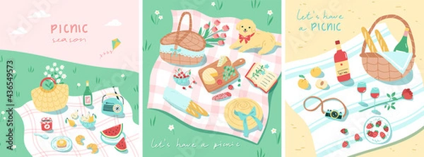 Obraz Summer picnic scenes in lovely cartoon style. Vector illustration of picnic baskets, cute dog, wine, pastries. fruits and snacks. Set of three card or banner designs. Summer outdoor dining at a beach 