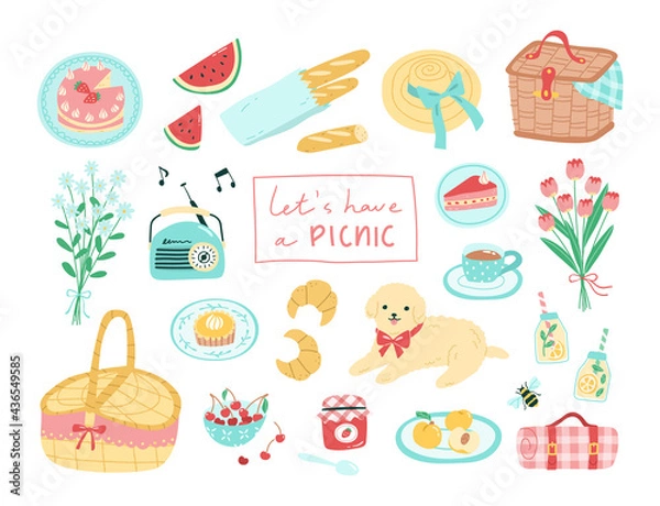 Obraz Collection of picnic themed design elements. Includes a cute dog, baskets, rug, cakes, tart, cherries, watermelon and other desserts. Vector illustration of a summer picnic concept in cartoon style.