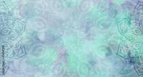 Obraz Soft textured pastel aqua, green, blue, purple watercolour background with mandalas