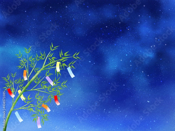 Obraz 夜空と短冊が揺れる笹（ヨコ）