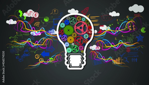Obraz light bulbs cog Idea. plan think analyze creative startup business. illustration creativity modern concept vector.