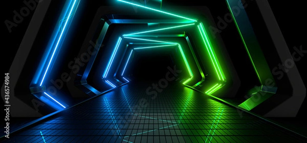 Obraz Sci Fy neon lamps in a dark corridor. Reflections on the floor and walls. 3d rendering image.