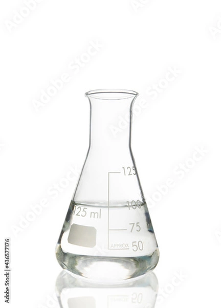 Fototapeta Erlenmeyer flask glassware with water and reflection isolated on white background