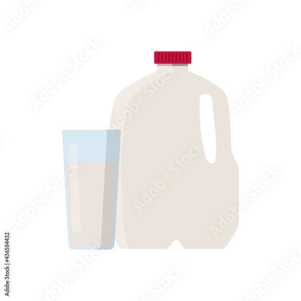Fototapeta Flat vector illustration of milk in plastic gallon jug with red cap. and glass of milk. Isolated on white background.