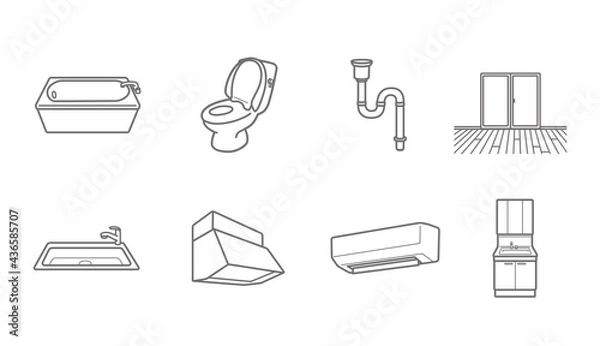 Fototapeta アイコンセット　エアコン　浴室　排水管　レンジフード　洗面台　トイレ　キッチン　フローリング