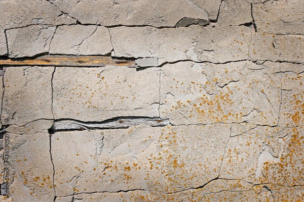 Fototapeta The old gray plastered wall of an industrial building with cracks and yellow biocorrosion. Grunge, retro. Texture. Space for text.