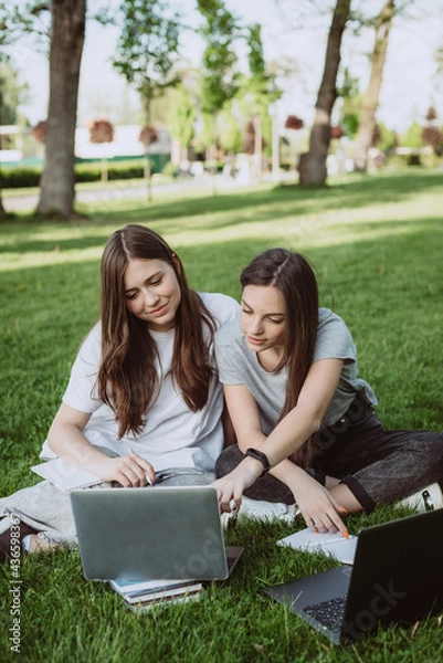Fototapeta Two female students are sitting in the park on the grass with books and laptops, studying and preparing for exams. Distance education. Soft selective focus.