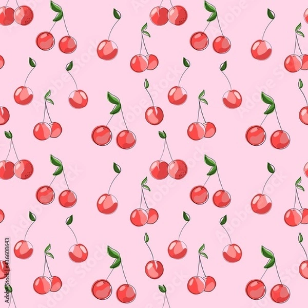 Fototapeta Cherry Berries. Seamless pattern, hand-drawn illustration with curved lines in a trendy style.Design for paper, fabric and other objects. 