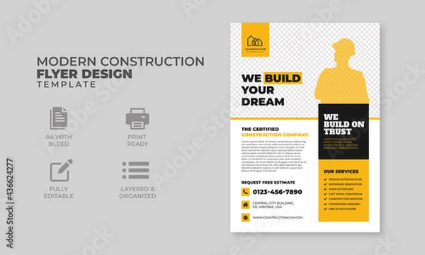 Obraz Modern and clean construction flyer design yellow and black layout, a4 poster, a4 brochure, design for construction, real estate, commercial company, ready to print,