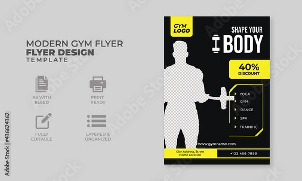 Obraz Modern gym flyer design template yellow and black layout, a4 design for gym, fitness, trainer, and any sport activity, design ready to print,