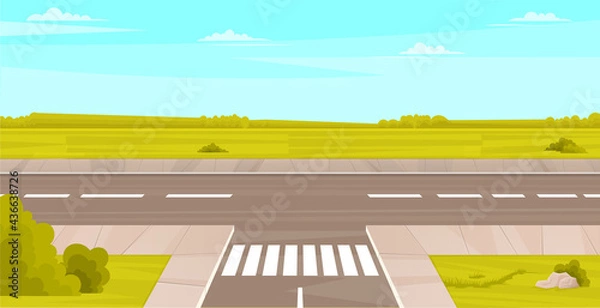 Fototapeta Street with field, clouds, plants and asphalt road. Roadway with markings and crosswalk. Landscape with nature and driveway. View of pedestrian crossing and field. Natural landscape around highway