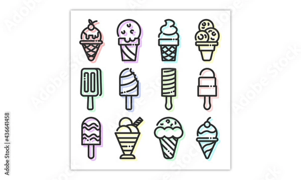 Fototapeta Ice cream flat line icons set. cone ice frozen juice, popsicle, sorbet in bowl vector illustrations.