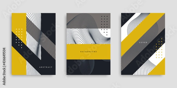 Fototapeta Business cover set. Collection of A4 vertical brochures. Abstract geometric background. Template design in flat style. Vector illustration with stripes, wavy lines. Design poster, wallpaper, notebook.