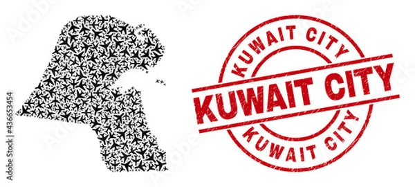 Fototapeta Kuwait City rubber stamp, and Kuwait map mosaic of air plane elements. Mosaic Kuwait map designed with jet vehicles. Red watermark with Kuwait City word, and grunge rubber texture.