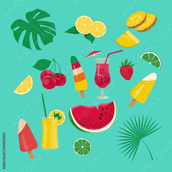 Obraz Set of summer icons: food, drinks, palm leaves, fruits. Isolated objects on blue background. Summertime poster .Vector illustration.