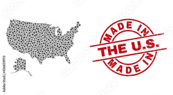 Fototapeta Made In The U.S. distress stamp, and USA with Alaska map mosaic of air force items. Mosaic USA with Alaska map designed using air force symbols. Red watermark with Made In The U.S. word,