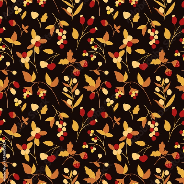 Obraz Floral seamless pattern with different berries and leaves on dark background