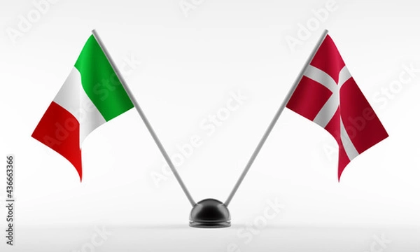 Fototapeta Stand with two national flags. Flags of Italy and Denmark. Isolated on a white background. 3d rendering