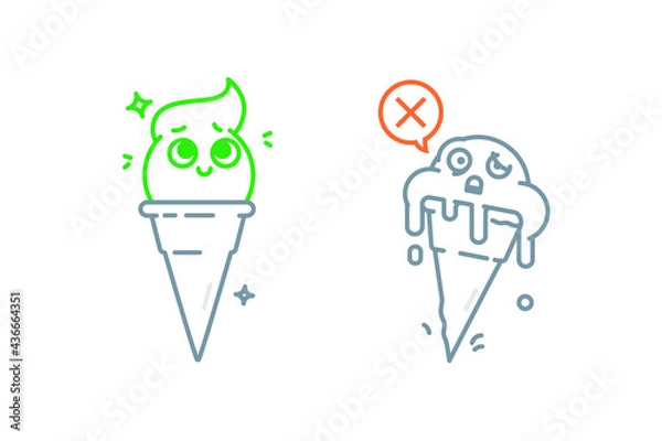 Fototapeta Ice cream icons in different states. Melted ice cream. Negative and positive metaphor. Vector. The image is isolated on a white background.