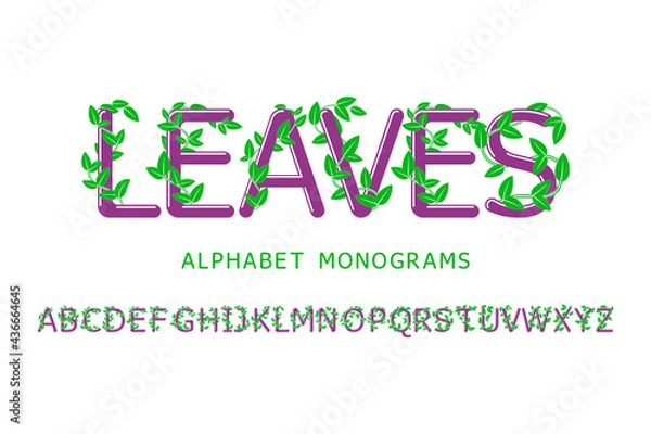 Fototapeta Floral style alphabet of letters with a branch and leaves. Beautiful display font. Set of decorative monograms.