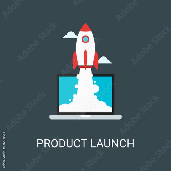 Fototapeta Startup product launch vector illustration background in flat style. Suitable for web banners, social media, postcard, presentation and many more.