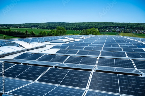 Fototapeta Large solar plant on an industrial hall generates renewable energy