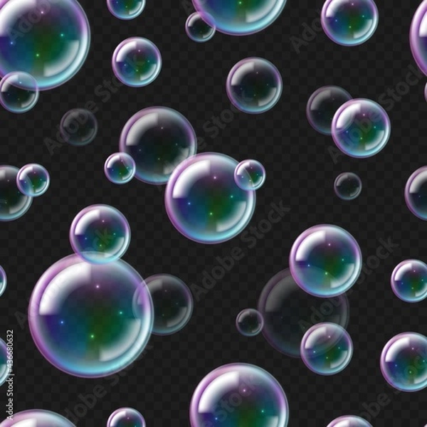 Fototapeta Realistic soap bubbles pattern. 3D seamless texture of flying foam. Underwater air balls on transparent background. Shampoo spheres with gradient and reflection. Vector shiny backdrop