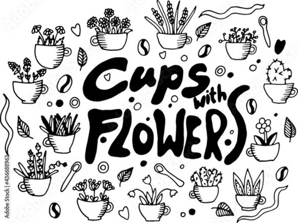 Fototapeta Vector hand painted cups with flowers set