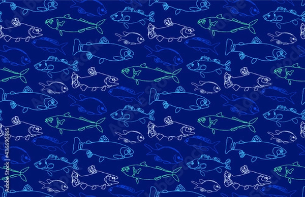 Obraz Seamless pattern of linear fish on a blue background