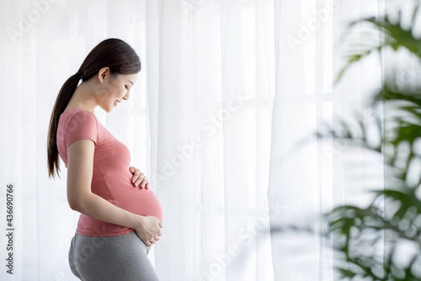 Fototapeta Side view of asian pregnant woman