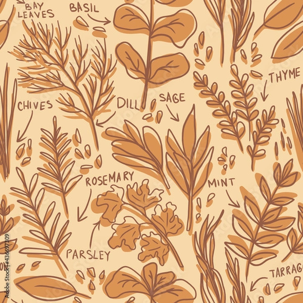 Fototapeta Herbs pattern - hand-drawn childish vector seamless pattern - for kitchen  fabric, wrapping, textile, wallpaper, background.