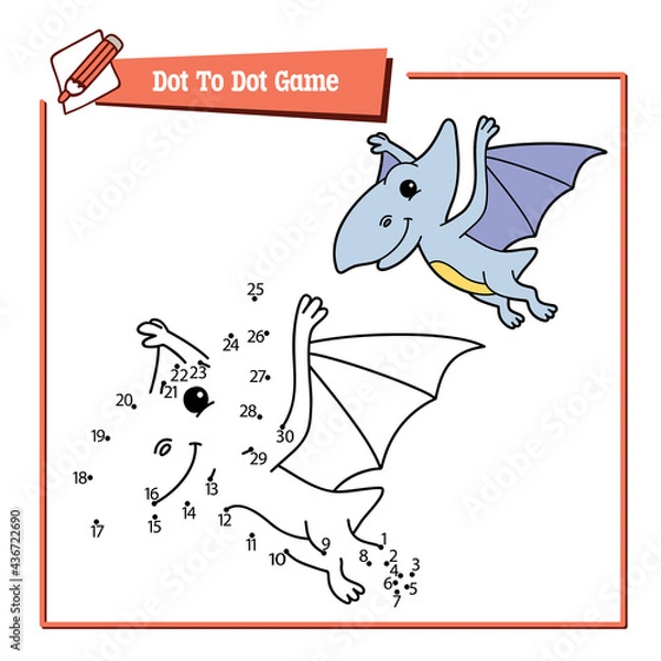 Fototapeta dot to dot  dog kid educational game. Vector illustration educational kid game of dot to dot puzzle with happy cartoon dinosaur for children