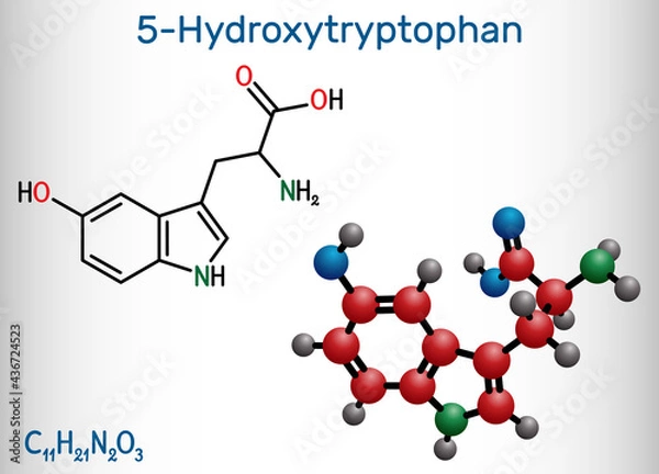 Fototapeta 5-Hydroxytryptophan, 5-HTP, hydroxytryptophan, oxitriptan molecule. It is naturally occurring amino acid, tryptophan derivative. Structural chemical formula and molecule model